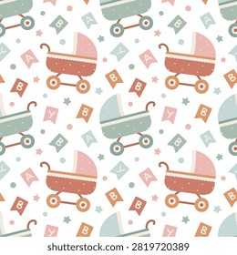 Cute seamless pattern with baby carriage and alphabet letter flag. Childish wallpaper design with pram for nursery room decoration. Textile background for newborn baby boy girl.