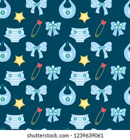 Cute seamless pattern  with baby diaper, pin, bow,bib,star on a dark blue background for a boy.Vector illustration for design photo album,postcards,fabric,textile for children.