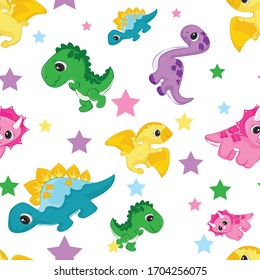 Cute seamless pattern baby dinosaurs. Vector Illustration - White Background