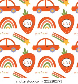 Cute seamless pattern with baby face, kawaii strawberry, rainbow, car in doodle style. Flat hand drawn vector summer background for wrapping paper, children's merch, baby shower, fabric, textile. 