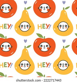 Cute seamless pattern with baby face, kawaii apple, pear, text "Hey" in doodle style. Flat hand drawn vector summer background for wrapping paper, children's merch, baby shower, fabric, textile. 