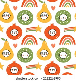 Cute seamless pattern with baby faces, kawaii fruits, rainbow in doodle style. Flat hand drawn vector summer background for wrapping paper, childrens merch, baby shower, fabric, textile. 