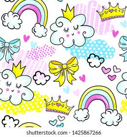 Cute Seamless Pattern for baby girl with hearts, cloud and rainbow for girl 