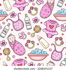 Cute seamless pattern with baby girl and pink accessory. Hand drawn vector background. 