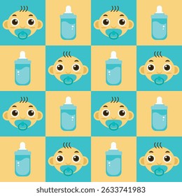 Nettes, nahtloses Muster aus Baby- und Milchflaschen in sanften Farben. Perfekt für Babyprodukte, Kindergarten-Design, Baby-Dusche Einladungen, Verpackungen und Kinder-Themen-Projekte.