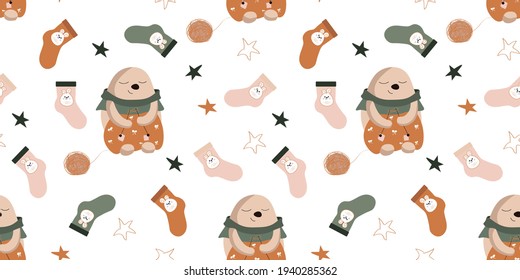 
Cute seamless pattern for baby products, fabrics, backgrounds, packaging, covers. Creative modern illustration. Cartoon character, socks, clothes. Boho style illustration.