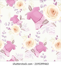 cute seamless pattern with baby stuff and beautiful floral
