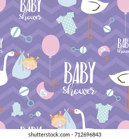 Cute seamless pattern with baby theme. Vector illustration
