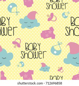 Cute seamless pattern with baby theme. Vector illustration