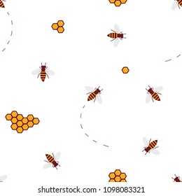 Cute seamless pattern background in cartoon style with honey bees and honeycombs.