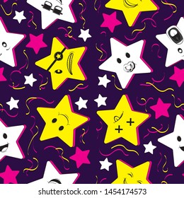 Cute seamless pattern background with cartoon kawaii stars and confetti. For kids clothes, pajamas, baby shower design. Vector image. Eps 10