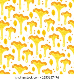 Cute seamless pattern background with cartoon yellow chanterelle mushrooms and leaves.