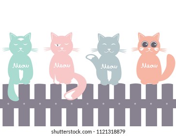 Cute seamless pattern background with cats seating on the fence. Pastel palette silhouettes. Vector illustration