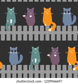 Cute seamless pattern background with cats seating on the fence. Vector illustration