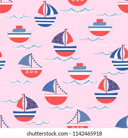 Cute seamless pattern, background with colored boats.  Vector illustration