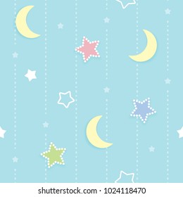 Cute Seamless Pattern Background With Colorful Dotted And Outlined Stars And Crescent Moon. Children's Bedroom, Baby Nursery Decorative Wallpaper. Vector Illustration. 