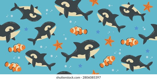Cute seamless pattern background featuring swimming killer whales, clownfish, and starfish over a light blue backdrop. This whimsical hand-drawn underwater repeat layout showcases adorable orca characters with friendly expressions surrounded by little sea stars and bubbles. High-quality graphic design perfect for newborn baby nursery wallpapers, children's textile clothing prints, summer beach wrapping paper, cute bedding fabrics, and creative marine wildlife branding.