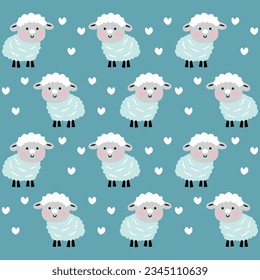 Cute seamless pattern background with funny sheep in cartoon style