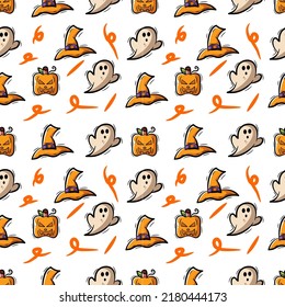 cute seamless pattern background halloween with ghost, pumpkin, witch hat