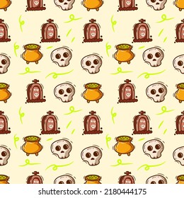 cute seamless pattern background halloween with skull, tombstone, pot