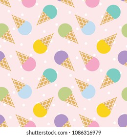 Cute seamless pattern background with ice cream cones and dots.