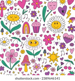 un bonito fondo de patrón sin costuras con elementos de doodle kawaii y2k - flores de camomila margarita, cara sonriente, setas trippy psicodélicas, corazones, estrellas, sol, cereza, fresa.