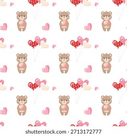 Cute seamless pattern background lovely bear and heart shape balloon hand draw vector illustration. Transparent concepts Happy Valentine's day, Hello February, Fabric and surface print texture design.