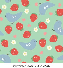 Cute seamless pattern background material of strawberries and birds