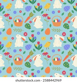 Cute seamless pattern or background on Easter theme in flat style, Easter bunnies, botany cute different flowers with Easter eggs. Vector illustration, wallpaper