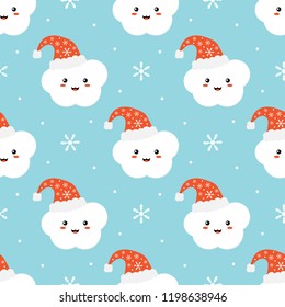 Cute seamless pattern background for winter holidays design with snowflakes and cloud character in christmas santa hat smiling and having fun.