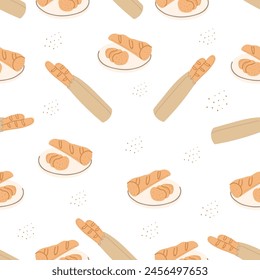 Cute seamless pattern of baguette,bread.Pattern for textile, wallpaper, packaging, cover, card, box, print, banner, ceramics