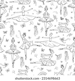 
Cute seamless pattern with ballerinas and pointe shoes for backgrounds, packaging, fabrics.