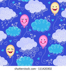 Cute seamless pattern with balloons, birds and clouds