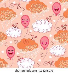 Cute seamless pattern with balloons, birds and clouds