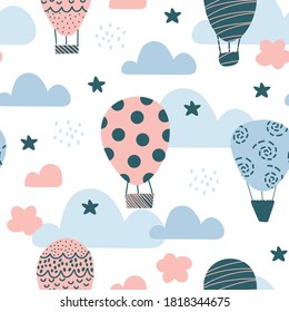 Cute seamless pattern with balloons. Childrens vector illustration in scandinavian style on a white background. Suitable for printing on fabric, textiles, wallpaper, paper, clothing.