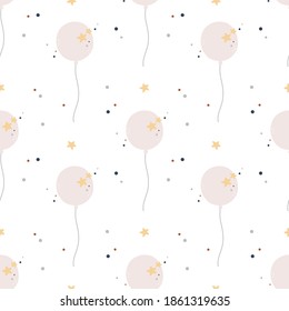 cute seamless pattern with balloons, stars and dots on white background. Design concept for holidays birthday greeting cards, festival decoration, gift card.