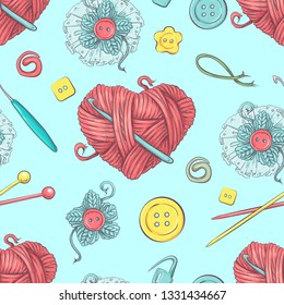 Cute seamless pattern of balls of yarn, buttons, skeins of yarn or knitting and crocheting.