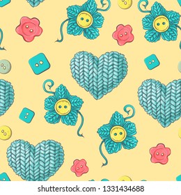 Cute seamless pattern of balls of yarn, buttons, skeins of yarn or knitting and crocheting.