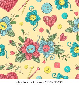 Cute seamless pattern of balls of yarn, buttons, skeins of yarn or knitting and crocheting.