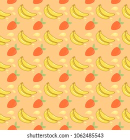 Cute seamless pattern with bananas and strawberries. Colorful vector background with useful fruits.