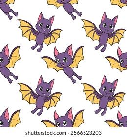 Cute seamless pattern with bat characters. Halloween background, design for children's clothing, fabrics, textiles.