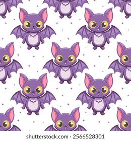 Cute seamless pattern with bat characters. Halloween background, design for children's clothing, fabrics, textiles.