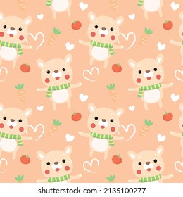 Cute seamless pattern bear, carrot and tomato on rose pink background. Suitable for kids fabric, wallpaper, wrapping paper, interior decor and others.
