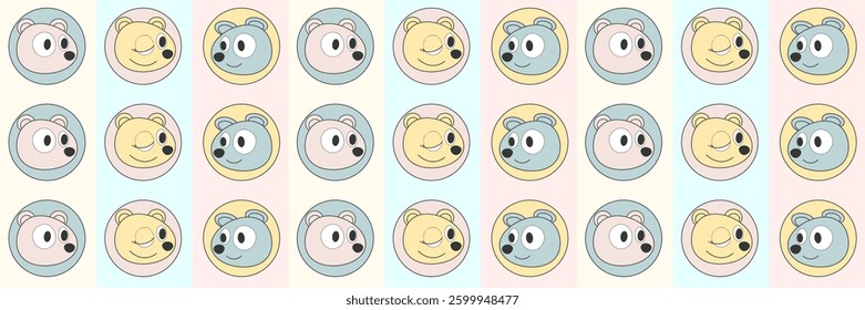 Cute seamless pattern with bear faces in pastel colors. Characters in round frames express different emotions