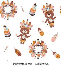 Cute seamless pattern of bear and feathers in boho style. Background for textile and kids goods. Vector illustration