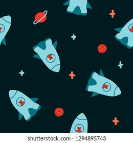 Cute seamless pattern. Bear in the rocket.