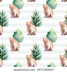 Cute seamless pattern with bear and trees. Watercolor woodland. Animal wildlife backgrounds. 