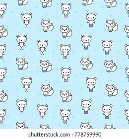 Cute seamless pattern with bears and foxes for kids. Lovely hand drawn animals on blue background. Vector illustration