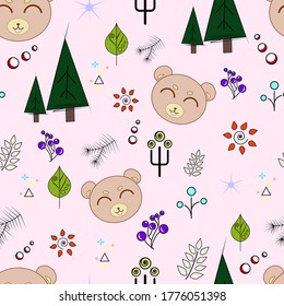 Patrón suave y sin costuras con osos Árboles verdes y bayas suculentas, detalles divertidos en un fondo rosa
Idóneo para textiles, tejidos, moda y edición