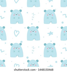 Cute seamless pattern with bears, hearts, stars, zigzags, dots. White background. Doodle style illustration. Vector.